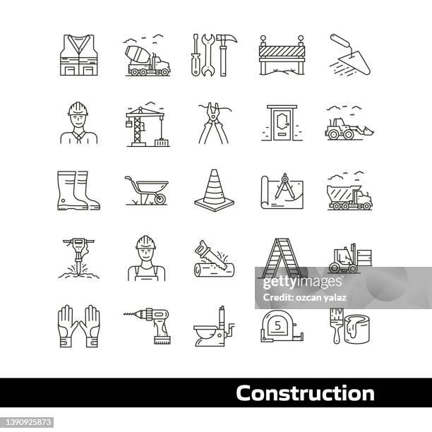 construction line icon set concept - brick warehouse stock illustrations