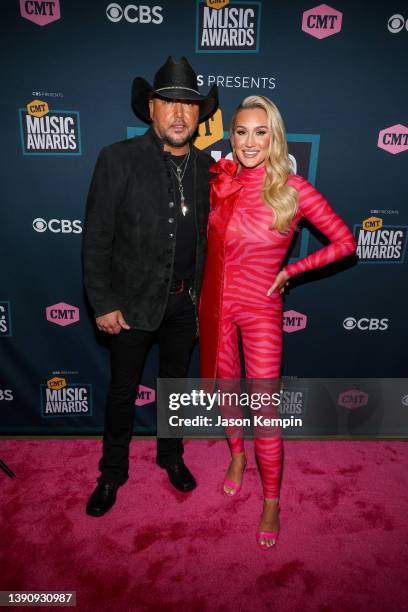 Jason Aldean and Brittany Aldean attend the 2022 CMT Music Awards at Nashville Municipal Auditorium on April 11, 2022 in Nashville, Tennessee.