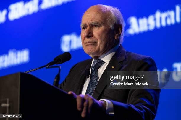 Former Prime Minister John Howard speaks during a Leadership Matters breakfast on April 12, 2022 in Perth, Australia. The 2022 Federal Election will...