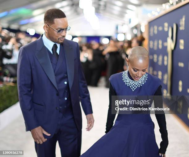 Will Smith and Jada Pinkett Smith attend the 28th Screen Actors Guild Awards at Barker Hangar on February 27, 2022 in Santa Monica, California.