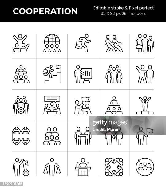 cooperation editable stroke line icons - organised group stock illustrations