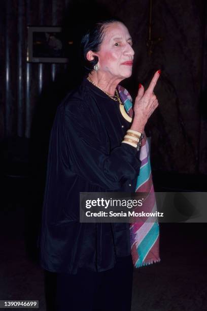 French-born American fashion editor Diana Vreeland attends an unspecified event, New York, New York, September 1977.