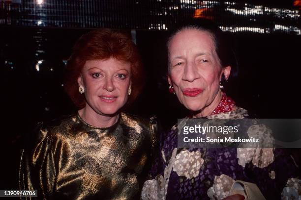 Portrait of Belgian-born French singer Regine and French-born American fashion editor Diana Vreeland during a party at Regine's nightclub, New York,...