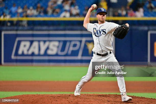 Brett Phillips of the Tampa Bay Rays delivers a pitch in the ninth inning against the Oakland Athletics at Tropicana Field on April 11, 2022 in St...