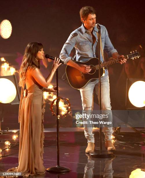 Maren Morris and Ryan Hurd perform onstage at the 2022 CMT Music Awards at Nashville Municipal Auditorium on April 11, 2022 in Nashville, Tennessee.