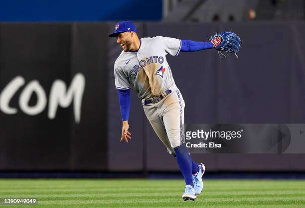 George Springer of the Toronto Blue Jays celebrates the win over the New York Yankees at Yankee Stadium on April 11, 2022 in the Bronx borough of New...