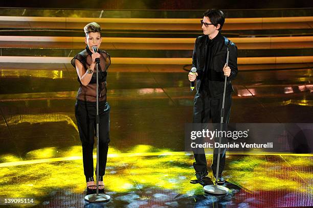 Emma Marrone and Gary Go performs on stage at the third day of the 62th Sanremo Song Festival at the Ariston Theatre on February 16, 2012 in San...