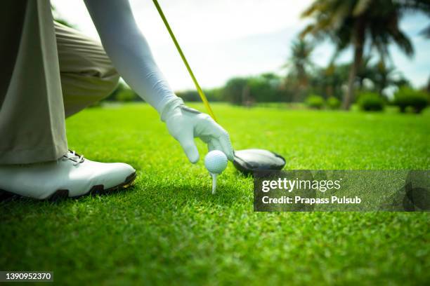 golf ball on tee - putting green stock-fotos und bilder