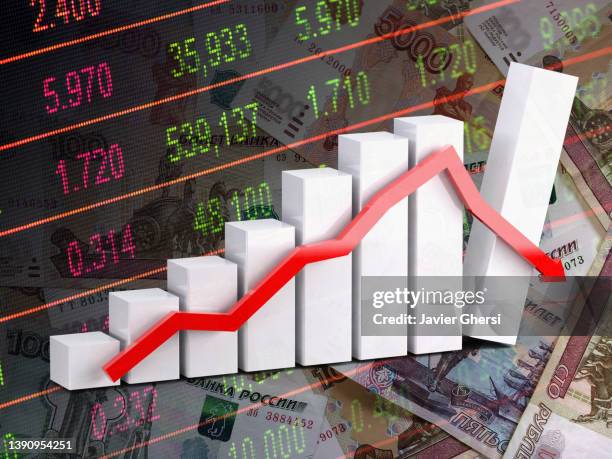 economy graph: russian rubles, stock market indicators and downward red arrow - crumble stock pictures, royalty-free photos & images