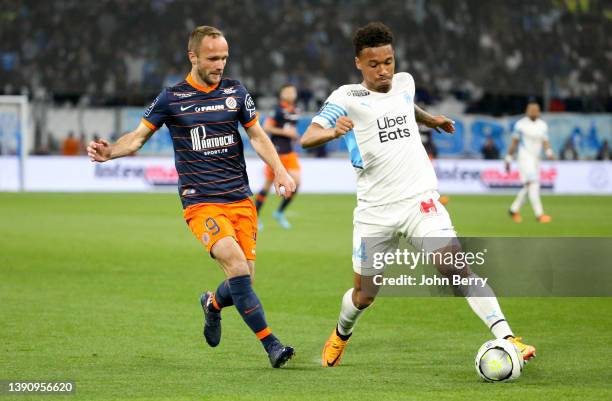 Boubacar Kamara of Marseille, Valere Germain of Montpellier during the Ligue 1 Uber Eats match between Olympique de Marseille and Montpellier HSC at...