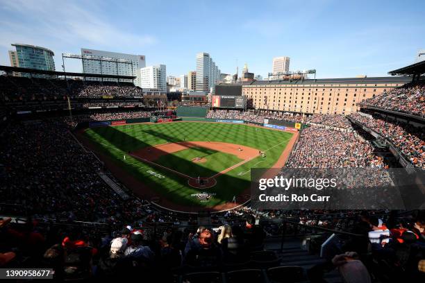 General view during the fifth inning of the Baltimore Orioles and Milwaukee Brewers game during Opening Day at Oriole Park at Camden Yards on April...