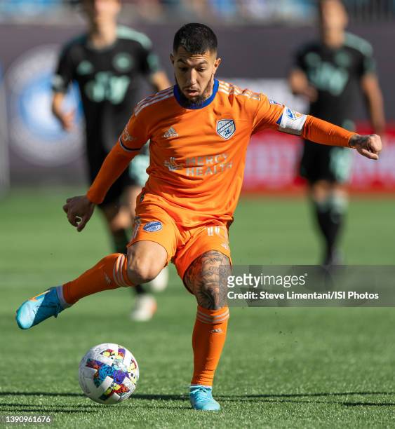 Luciano Acosta moves with the ball during a game between FC Cincinnati and Charlotte FC at Bank of America Stadium on March 26, 2022 in Charlotte,...