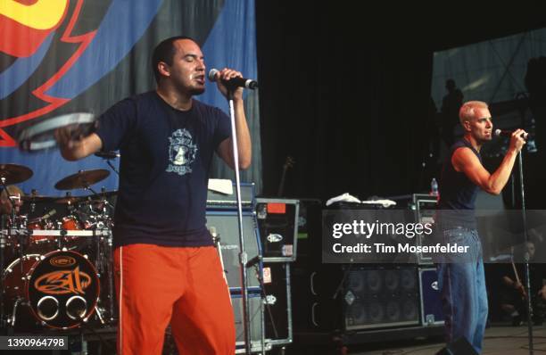 Doug "SA" Martinez and Nick Hexum of 311 perform during Live 105's BFD at Shoreline Amphitheatre on June 15, 2001 in Mountain View, California.