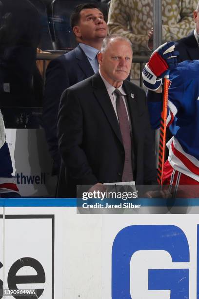 Head coach Gerard Gallant of the New York Rangers looks on from the bench against the Pittsburgh Penguins at Madison Square Garden on April 7, 2022...