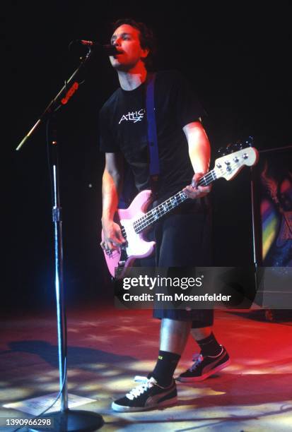 Mark Hoppus of Blink 182 performs during Live 105's BFD at Shoreline Amphitheatre on June 15, 2001 in Mountain View, California.