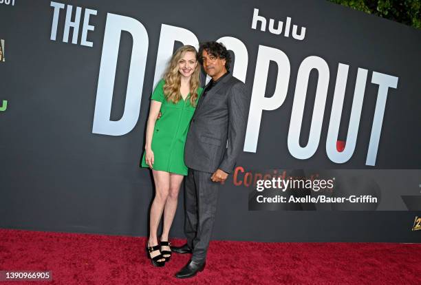 Amanda Seyfried and Naveen Andrews attend the Los Angeles Finale Event for Hulu's "The Dropout" at Paramount Theatre on April 11, 2022 in Los...