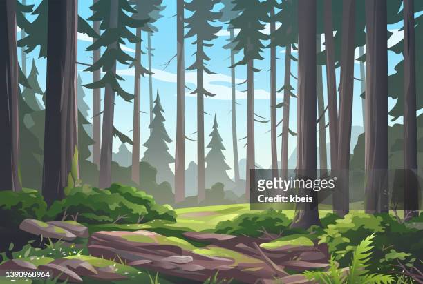 ilustraciones, imágenes clip art, dibujos animados e iconos de stock de idílico claro del bosque - dark wood background