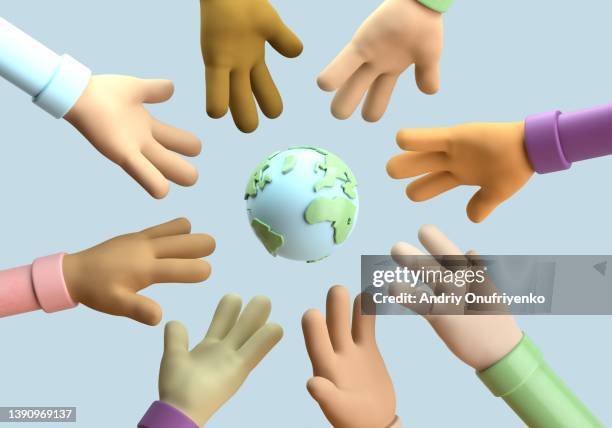 solidarity - people holding hands around globe stock-fotos und bilder