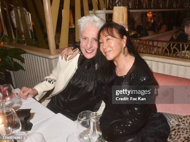 Catherine Euvrard and Mei Chen Chalais attend Princesse Murat’s Auction Dinner at Les Jardins de Presbourg on April 11, 2022 in Paris, France. (