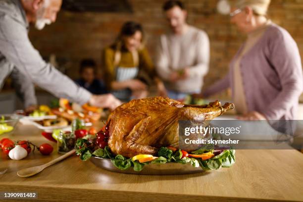 close up of stuffed turkey on thanksgiving day. - fylld kalkon bildbanksfoton och bilder