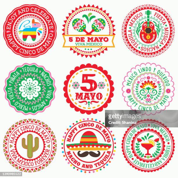 cinco de mayo circular labels - mexican flower pattern stock illustrations