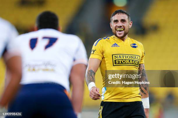 Perenara of the Hurricanes talks to the opposition during the round nine Super Rugby Pacific match between the Hurricanes and the Moana Pasifika at...