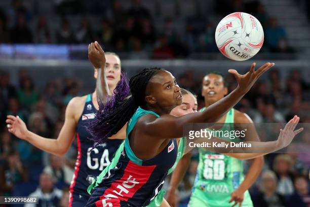 Mwai Kumwenda of the Vixens competes for the ball during the round four Super Netball match between Melbourne Vixens and West Coast Fever at John...