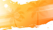 Summertime background with palm trees, summer sun and white brush strokes for your season graphic design. Hot Sunny Days.