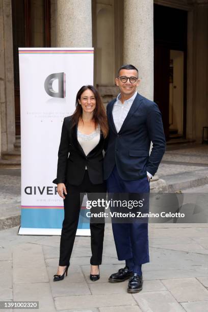 Francesca Vecchioni and Diego Passoni attend the press conference of the Diversity Media Awards 2022 at Palazzo Marino on April 12, 2022 in Milan,...