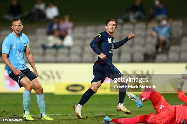 Craig Goodwin of United celebrates scoring a goal during the A-League Mens match between Sydney FC and Adelaide United at Netstrata Jubilee Stadium,...