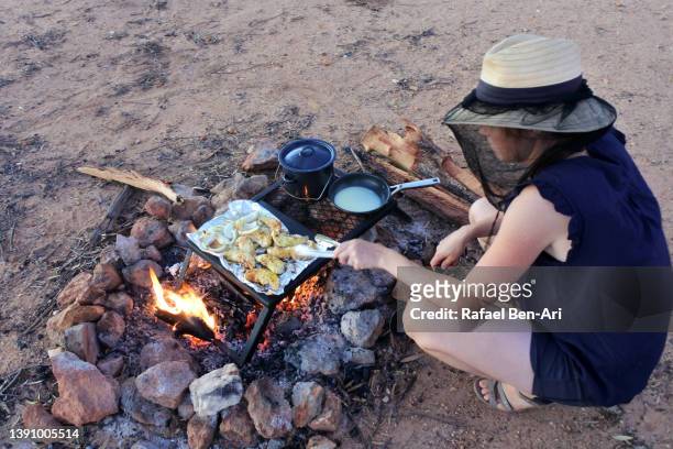 australian woman cooking outdoors chicken best slices a silver baking paper cooking on open camp fire metal plate - australasia stock pictures, royalty-free photos & images