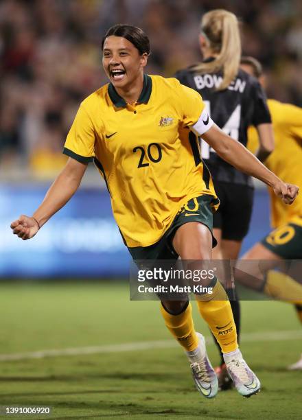 Sam Kerr of Australia celebrates with team mates after scoring a goal during the International womens friendly match between the Australia Matildas...