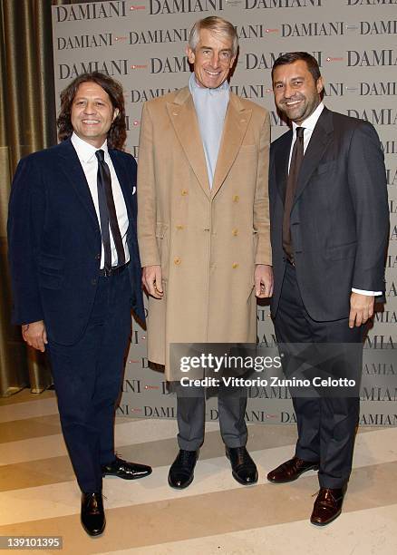 Guido Damiani, Raimondo Zanaboni, Giorgio Damiani attend a cocktail party held at Damiani Flagship store on February 16, 2012 in Milan, Italy.