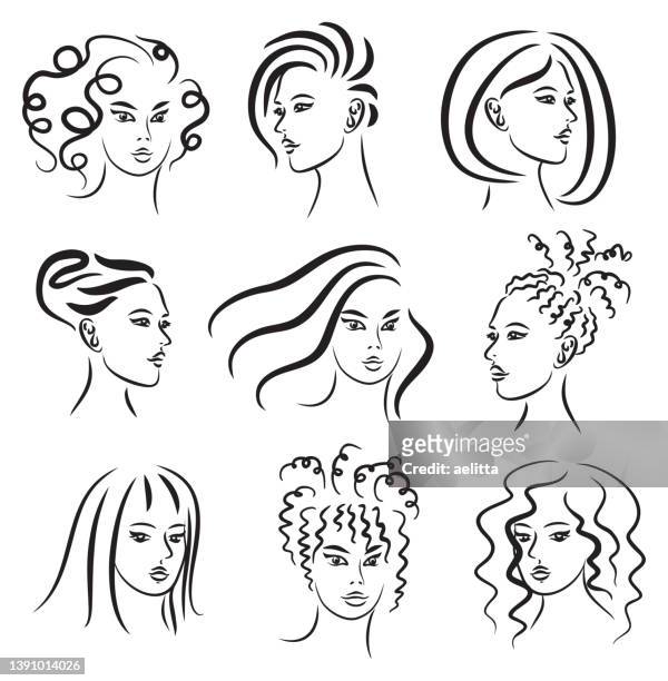 ilustrações, clipart, desenhos animados e ícones de conjunto de estilos de cabelo. desenhos de nove mulheres que têm penteados diferentes. - human hair