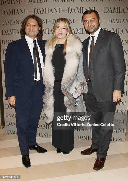 Guido Damiani, Katia Polidori, Giorgio Damiani attend a cocktail party held at Damiani Flagship store on February 16, 2012 in Milan, Italy.