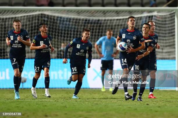 George Blackwood of United celebrates scoring a goal during the A-League Mens match between Sydney FC and Adelaide United at Netstrata Jubilee...