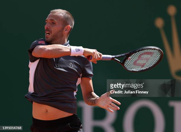 Daniel Evans of Great Britain in action against Benjamin Bonzi of France during day three of the Rolex Monte-Carlo Masters at Monte-Carlo Country...