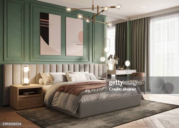 comfortable vintage bedroom in luxurious apartment - hotel room stock pictures, royalty-free photos & images