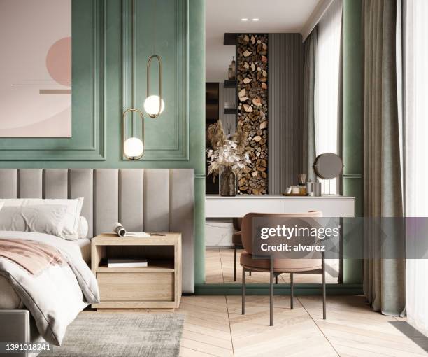 detail digital image of a bedroom and chair - side table stock pictures, royalty-free photos & images