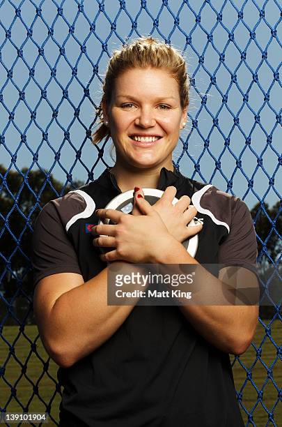 Australian discus thrower Dani Samuels poses during an Athletics Australia press conference ahead of the Sydney Track Classic at Sydney Olympic Park...