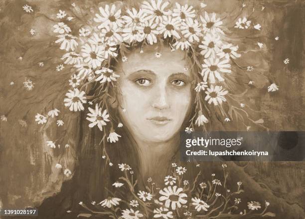 illustration ukraine oil painting portrait of woman in ukrainian national clothes in sepia - 45 49 years stock illustrations