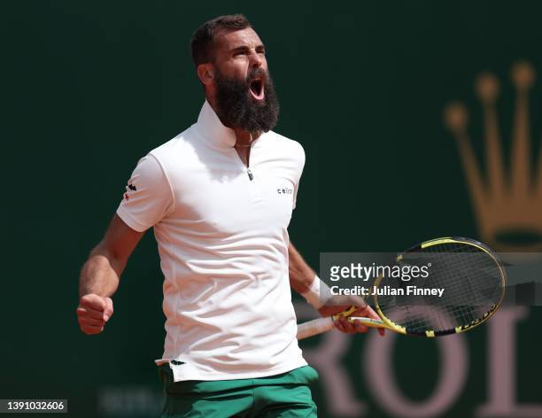 Benoit Paire of France celebrates taking the second set against Lorenzo Musetti of Italy during day three of the Rolex Monte-Carlo Masters at...