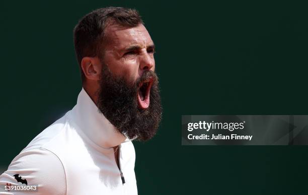 Benoit Paire of France celebrates against Lorenzo Musetti of Italy during day three of the Rolex Monte-Carlo Masters at Monte-Carlo Country Club on...