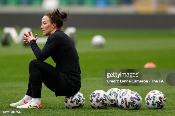 Lucy Bronze of England looks on during a training session at Windsor Park on April 11, 2022 in Belfast, Northern Ireland.