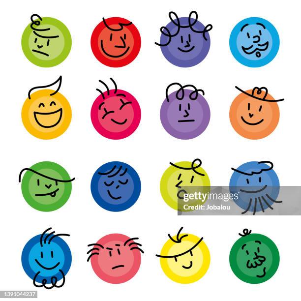 comic faces colorful emoticons collection - funny character stock illustrations