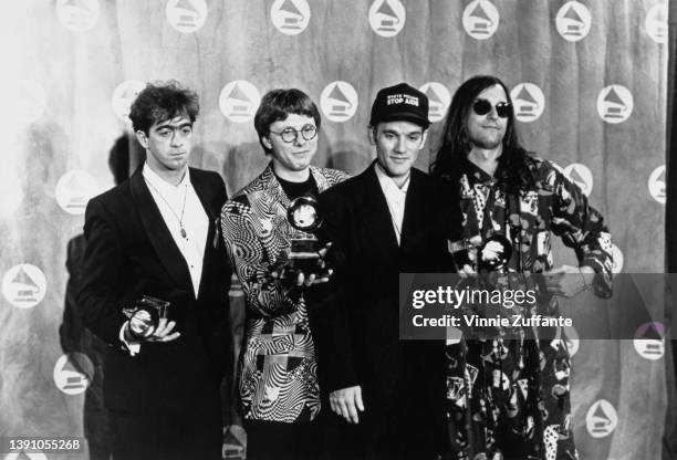 American rock band REM in the press room of the 34th Grammy Awards, held at Radio City Music Hall in New York City, New York, 25th February 1992. The...