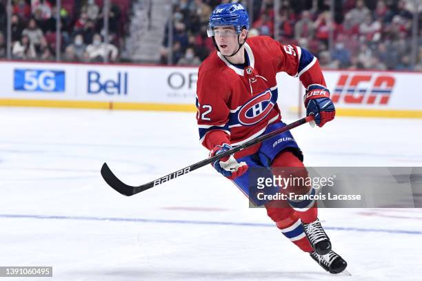 Justin Barron of the Montreal Canadiens skates against the Ottawa Senators in the NHL game at the Bell Centre on April 5, 2022 in Montreal, Quebec,...