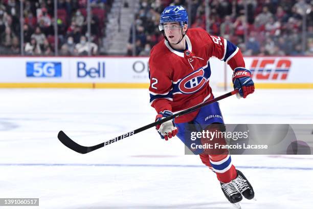 Justin Barron of the Montreal Canadiens skates against the Ottawa Senators in the NHL game at the Bell Centre on April 5, 2022 in Montreal, Quebec,...