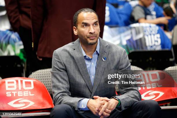 Nico Harrison of the Dallas Mavericks watches warmups before the game against the San Antonio Spurs at American Airlines Center on April 10, 2022 in...
