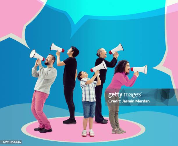 group of people with megaphones on pink and blue - assertive stockfoto's en -beelden